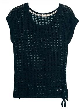 ROXY knitted crocheted sweater vest in black, ties at hem open weave cap sleeves